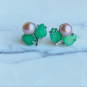 Green Jade & Natural Pearl Sterling Stud Earrings